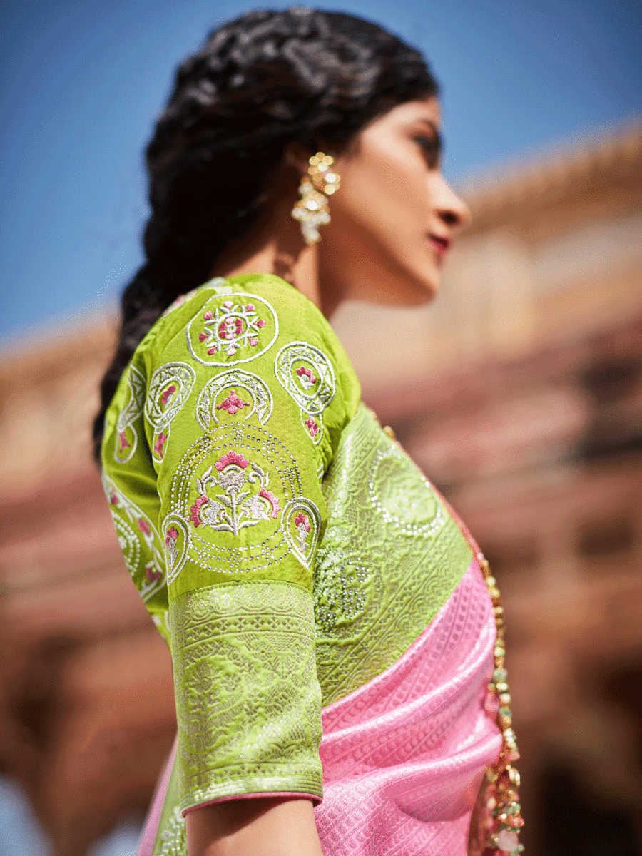 Pink Silk Embellished Saree - Inddus.com