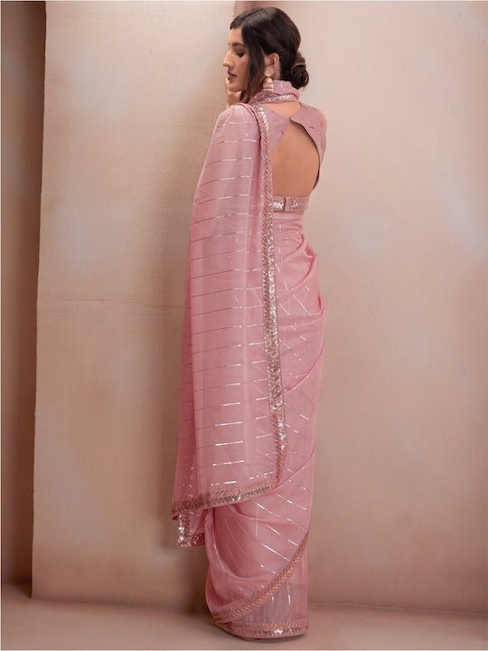 Pink & Silver-Toned Striped Sequinned Organza Saree - Inddus.com