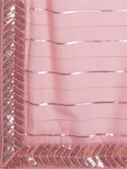 Pink & Silver-Toned Striped Sequinned Organza Saree - Inddus.com