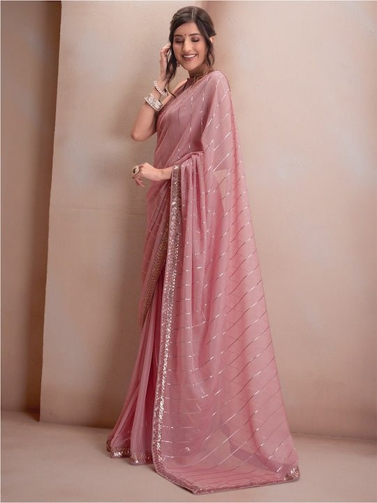 Pink & Silver-Toned Striped Sequinned Organza Saree - Inddus.com