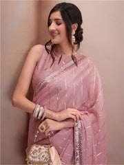 Pink & Silver-Toned Striped Sequinned Organza Saree - Inddus.com