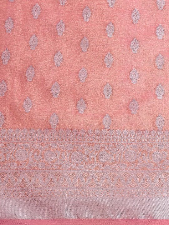 Pink & Silver-Toned Woven Design Zari Tissue Kanjeevaram Saree - Inddus.com