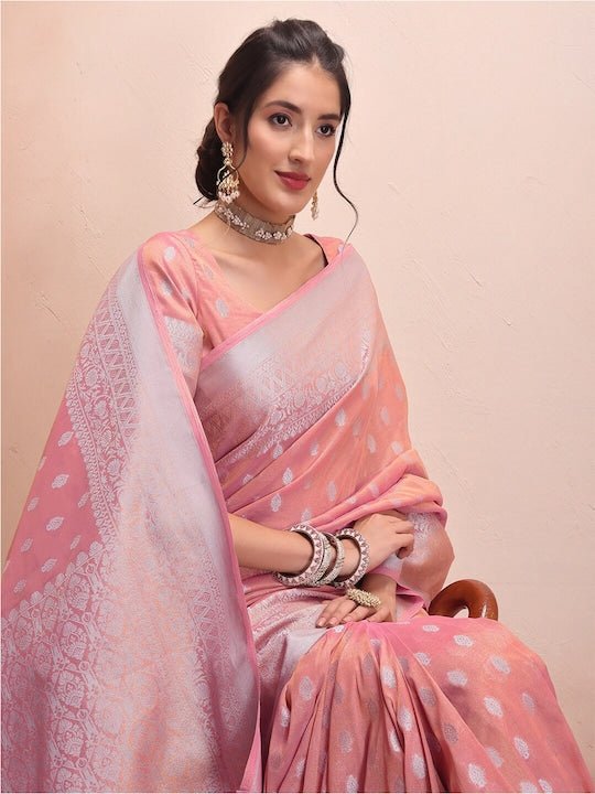 Pink & Silver-Toned Woven Design Zari Tissue Kanjeevaram Saree - Inddus.com