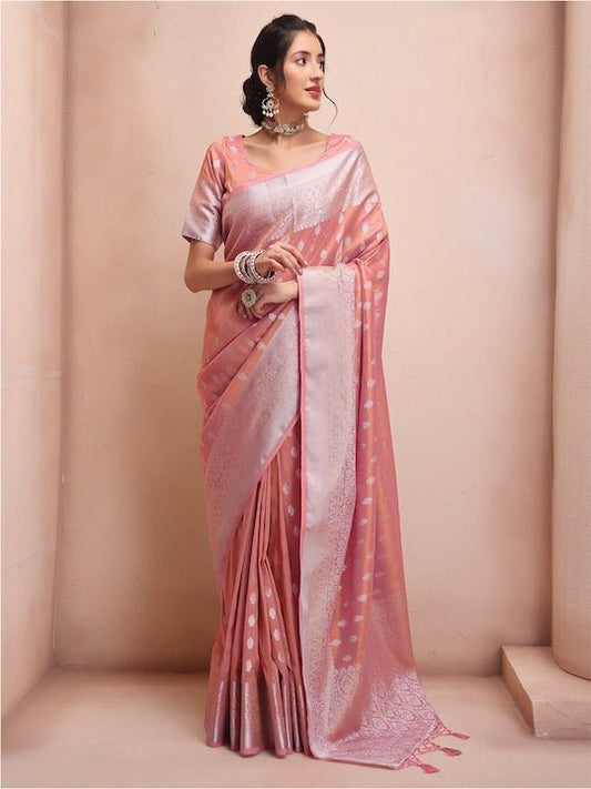 Pink & Silver-Toned Woven Design Zari Tissue Kanjeevaram Saree - Inddus.com