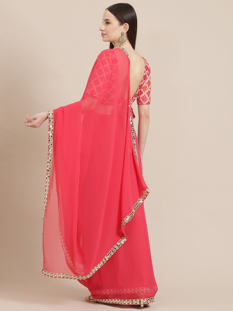 Pink Solid Mirror Laced Border Saree - Inddus.com