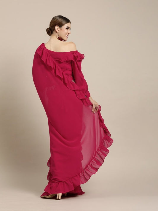 Pink Solid Poly Georgette Ruffled Saree - inddus-us