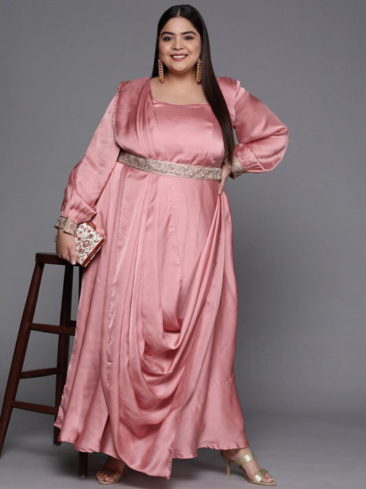 Pink Solid Satin Maxi Gown with Draped Dupatta - Inddus.com