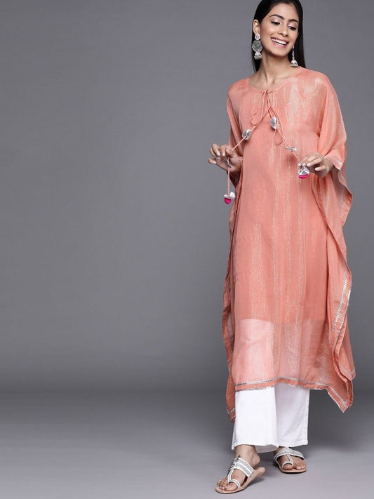 Pink Viscose Georgette Striped Kurta - Inddus.com