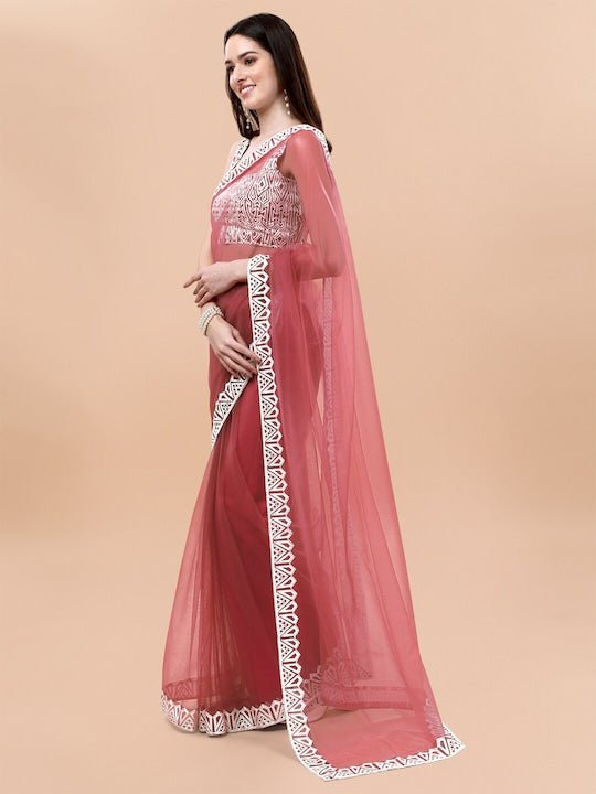 Pink & White Embroidered Net Saree - Inddus.com