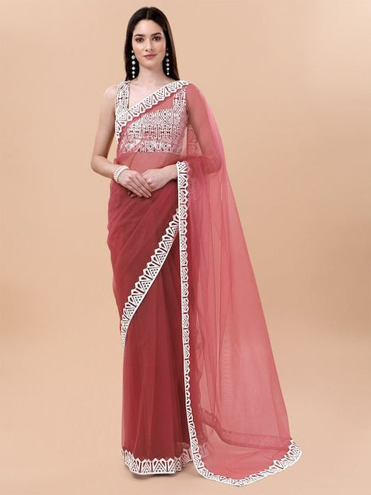 Pink & White Embroidered Net Saree - Inddus.com