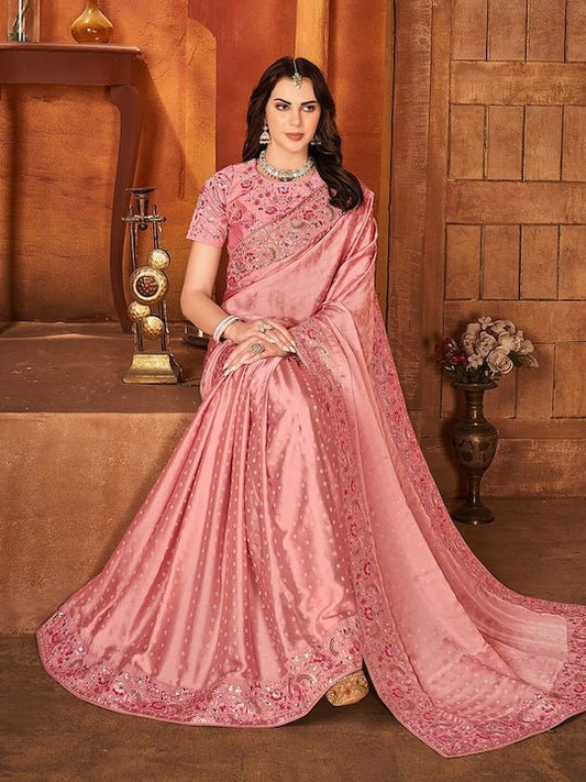 Pink Women Embellished Sequinned Embroidered Satin Saree - Inddus.com