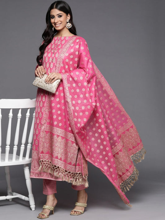 Pink Woven Design Banarasi Cotton Unstitched Dress Material - Inddus.com