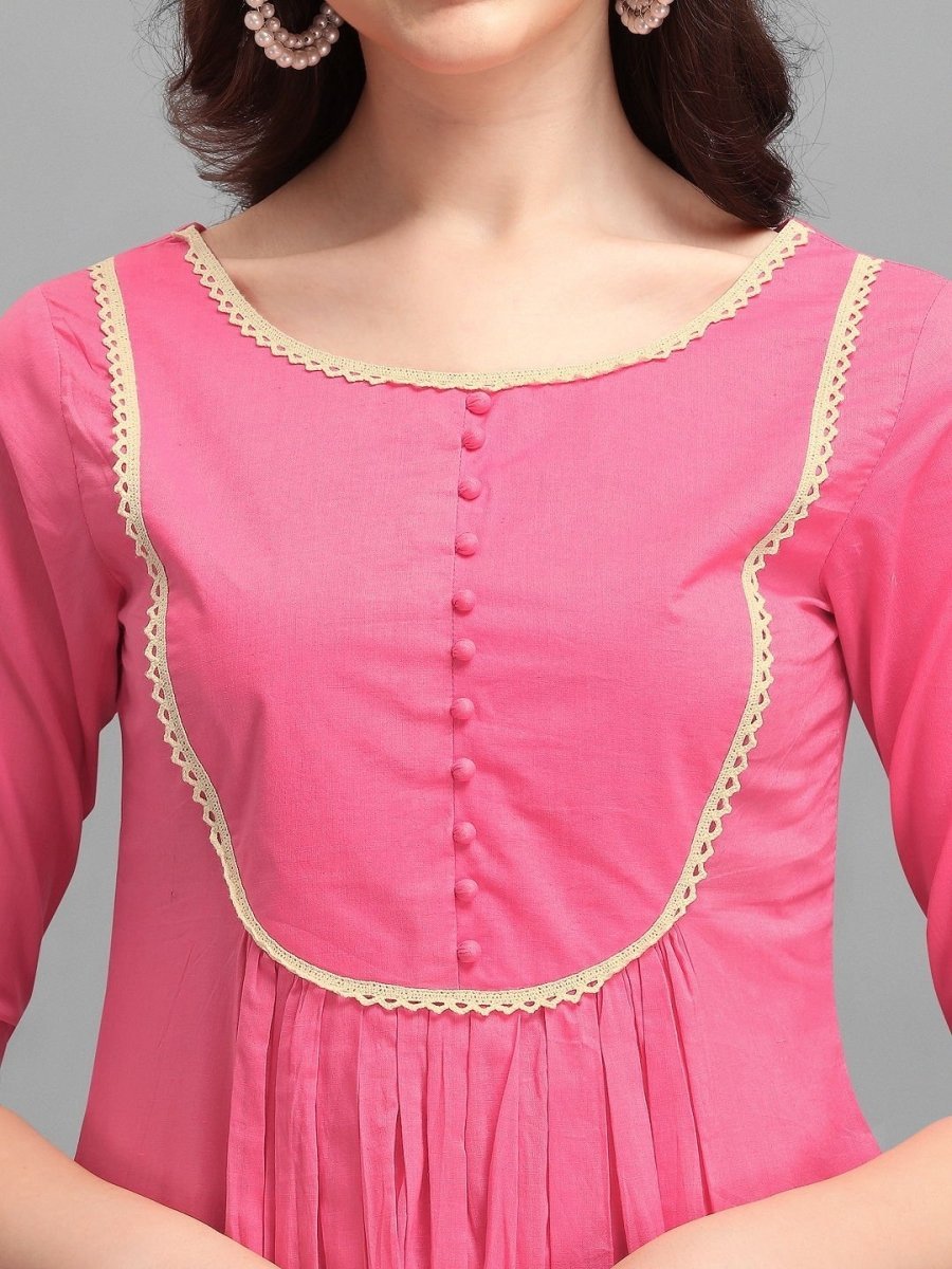 Pink Yoke Laced Kurta - Inddus.com