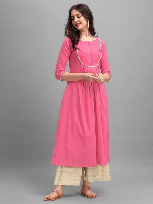 Pink Yoke Laced Kurta - Inddus.com