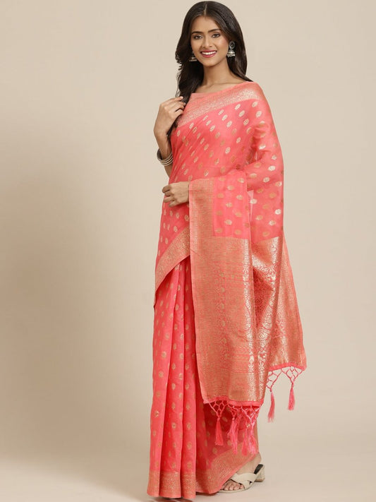 Pink Zari Woven Banarasi Saree - Inddus.com