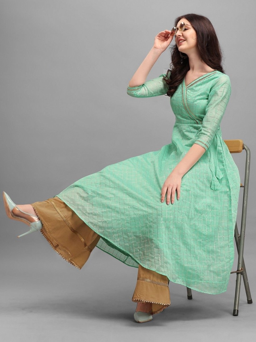 Pista Green Checked Woven Kurta - Inddus.com