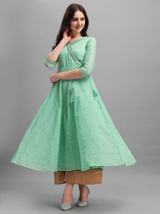 Pista Green Checked Woven Kurta - Inddus.com