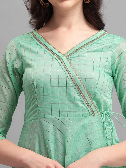 Pista Green Checked Woven Kurta - Inddus.com