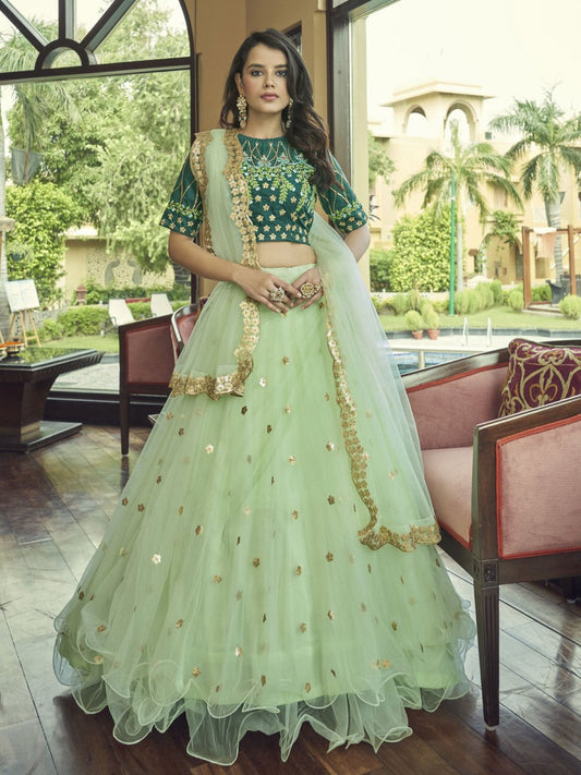 Pista Green Net Embroidered Lehenga Choli - Inddus.com