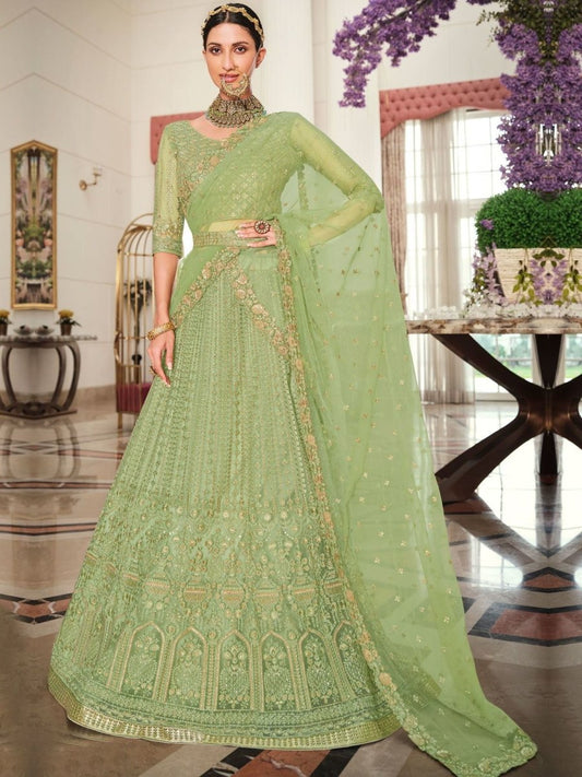 Pista Green Net Wedding Lehenga Choli - Inddus.com