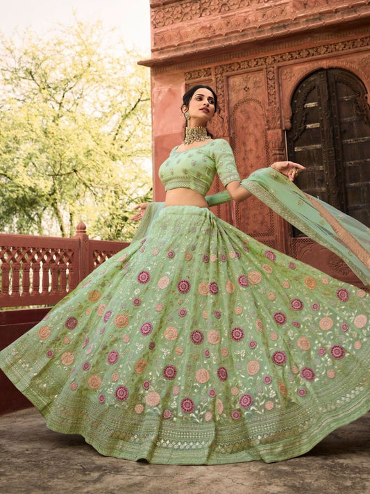 Pista Green Organza Wedding Lehenga Choli - Inddus.com