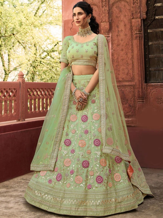 Pista Green Organza Wedding Lehenga Choli - Inddus.com