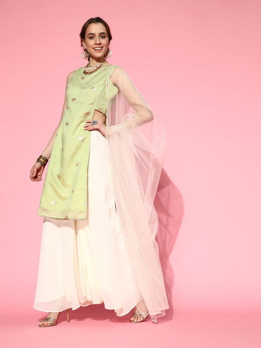 Pista Green Paisley Woven Kurta with Palazzo and Net Dupatta - Inddus.com