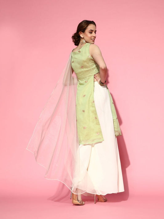 Pista Green Paisley Woven Kurta with Palazzo and Net Dupatta - Inddus.com