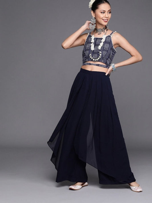 Pleasing Navy Blue Cotton Blend Printed Crop Top - inddus-us