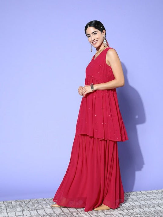 Pleated Mukaish Kurta with Sharara - Inddus.com