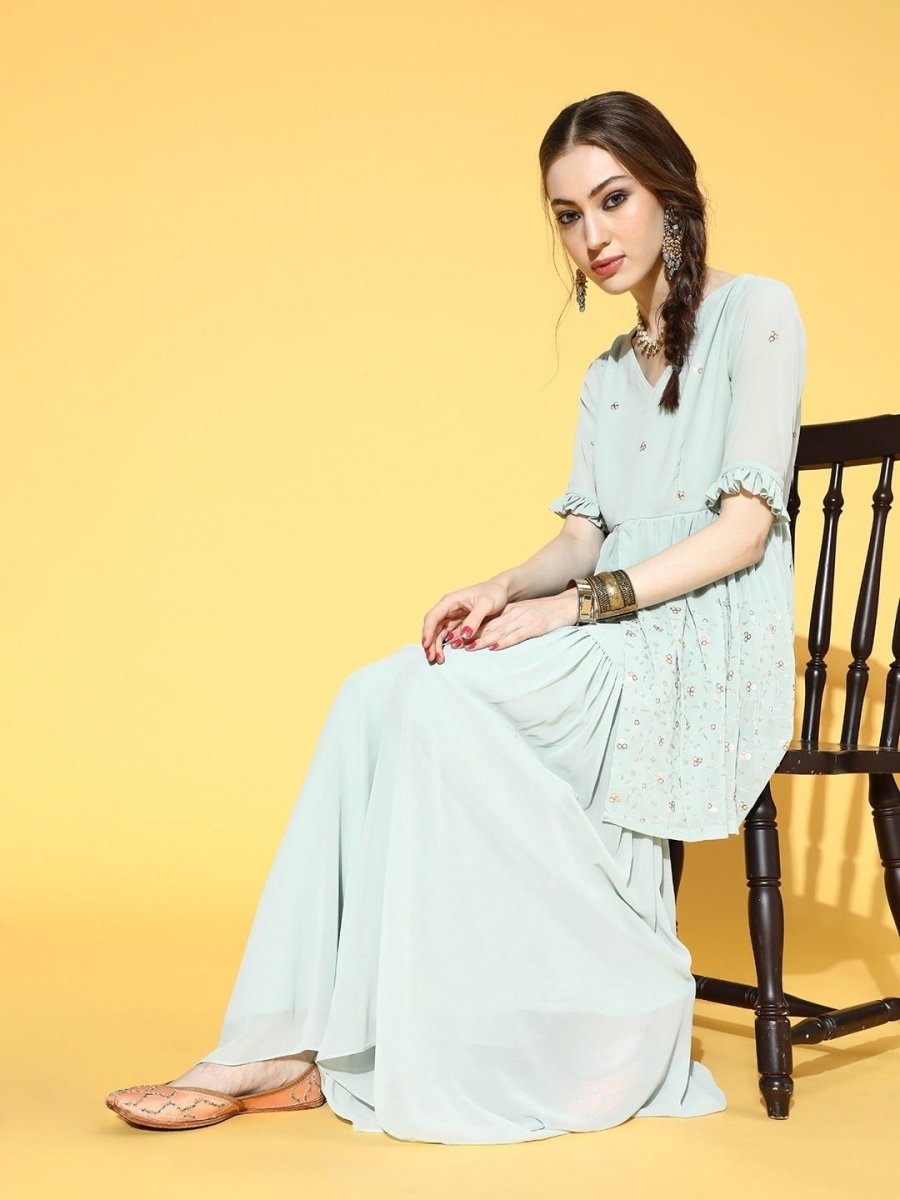 Powder Blue Embroidered Kurta with Sharara - inddus-us