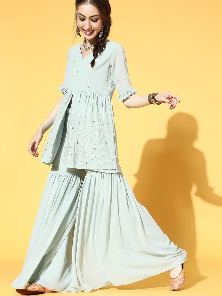 Powder Blue Embroidered Kurta with Sharara - inddus-us