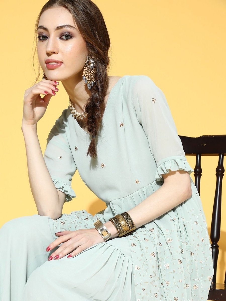 Powder Blue Embroidered Kurta with Sharara - inddus-us