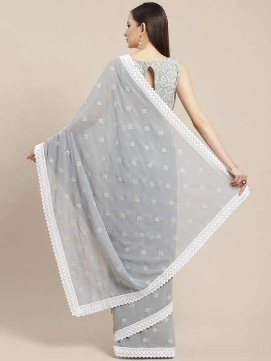 Powder Blue Embroidered Saree - inddus-us