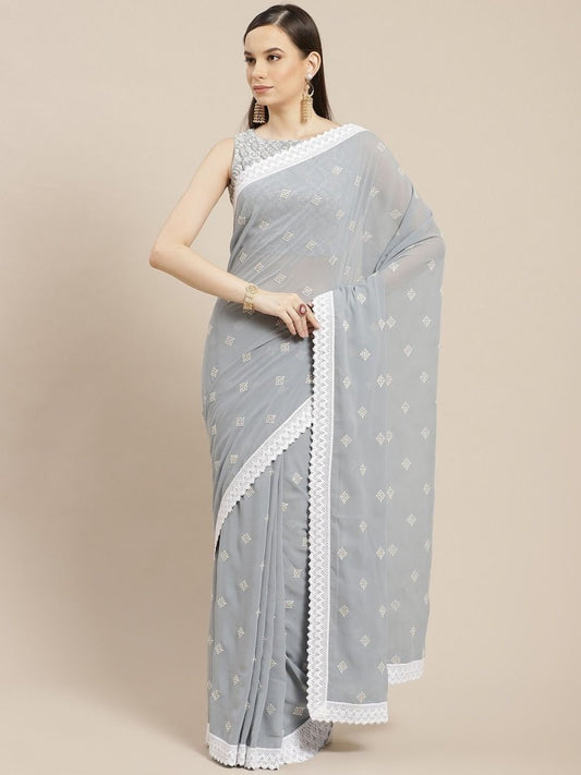 Powder Blue Embroidered Saree - inddus-us