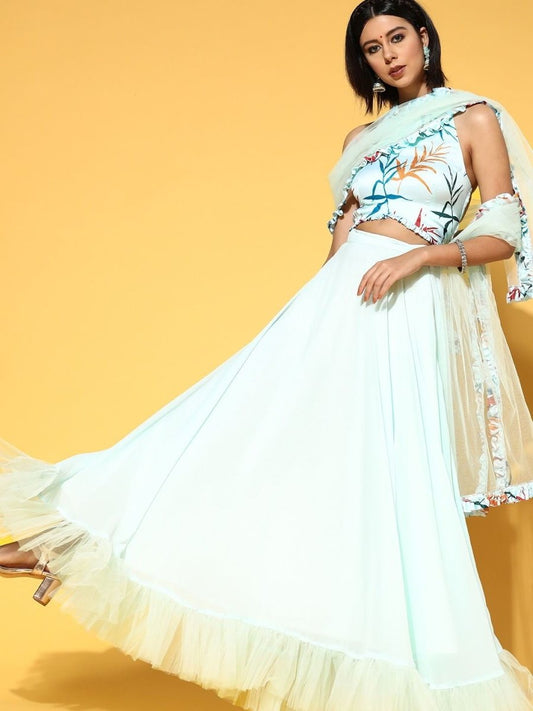 Powder Blue Lehenga with Blouse and Net Dupatta - Inddus.com