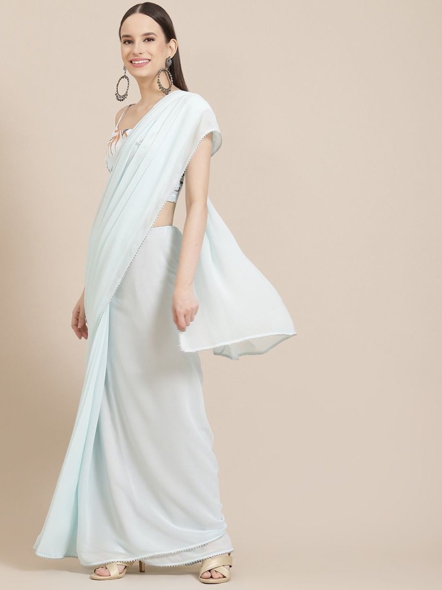 Powder Blue Saree with Digital Printed Jacket - Inddus.com