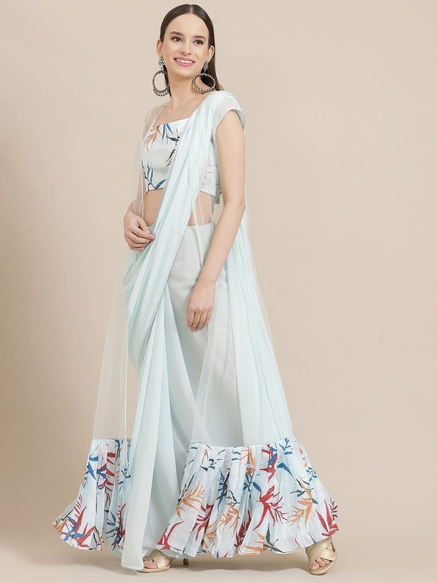 Powder Blue Saree with Digital Printed Jacket - Inddus.com