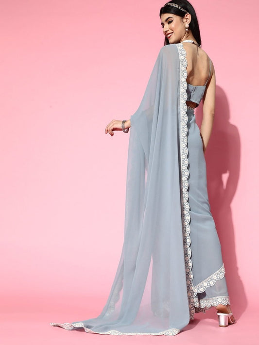 Powder Bule Georgette Saree with Blouse Piece - Inddus.com