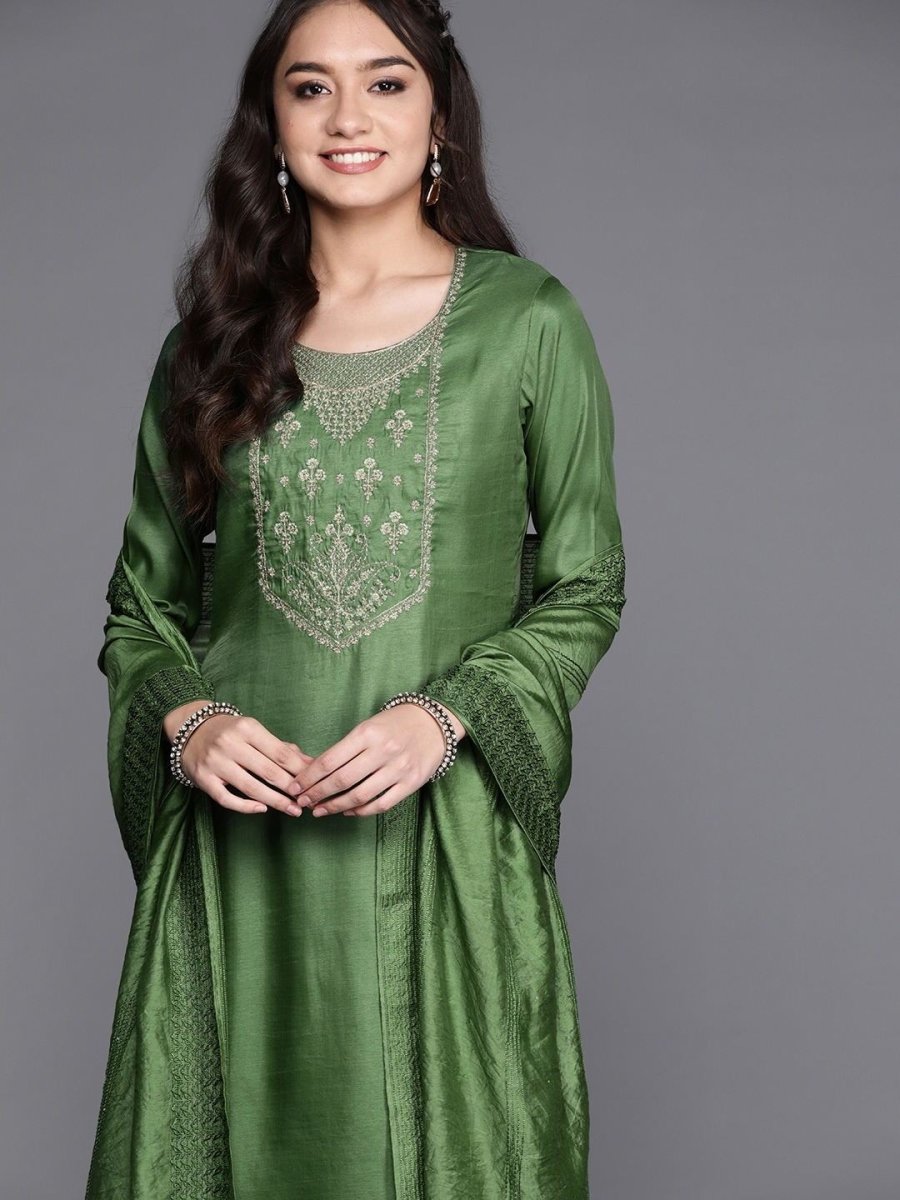 pretty bottle green silk blend embroidered kurta set