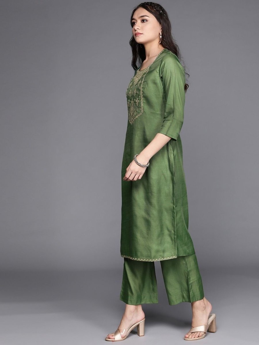 pretty bottle green silk blend embroidered kurta set