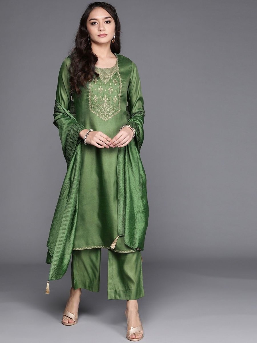 pretty bottle green silk blend embroidered kurta set