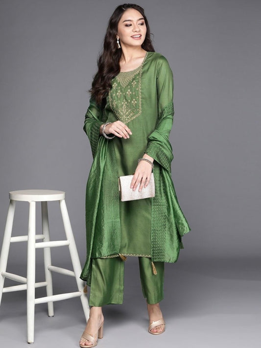 pretty bottle green silk blend embroidered kurta set