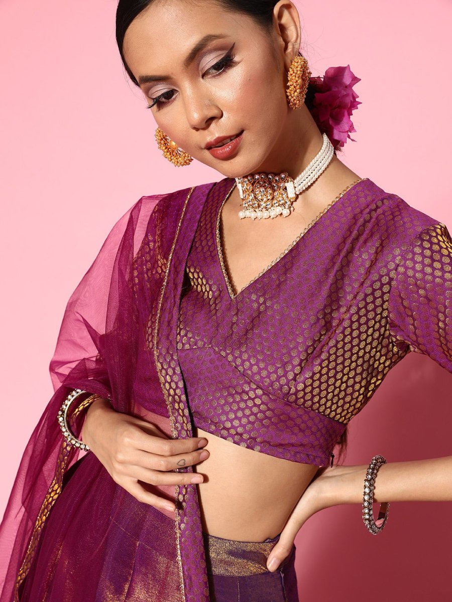 Pretty Purple Woven Design Semi-stitched Lehenga Choli With Dupatta - Inddus.com