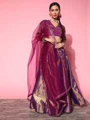 Pretty Purple Woven Design Semi-stitched Lehenga Choli With Dupatta - Inddus.com