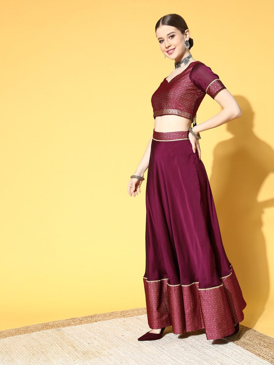 Pretty Purple Woven Design Semi-stitched Lehenga Choli With Dupatta - Inddus.com