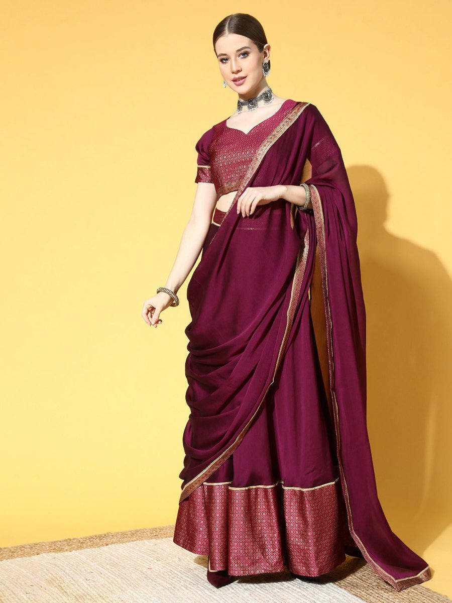 Pretty Purple Woven Design Semi-stitched Lehenga Choli With Dupatta - Inddus.com