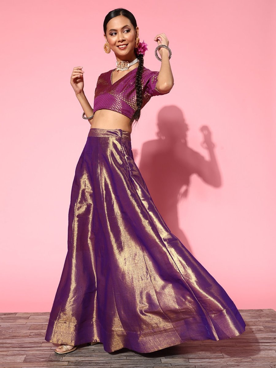 Pretty Purple Woven Design Semi-stitched Lehenga Choli With Dupatta - Inddus.com