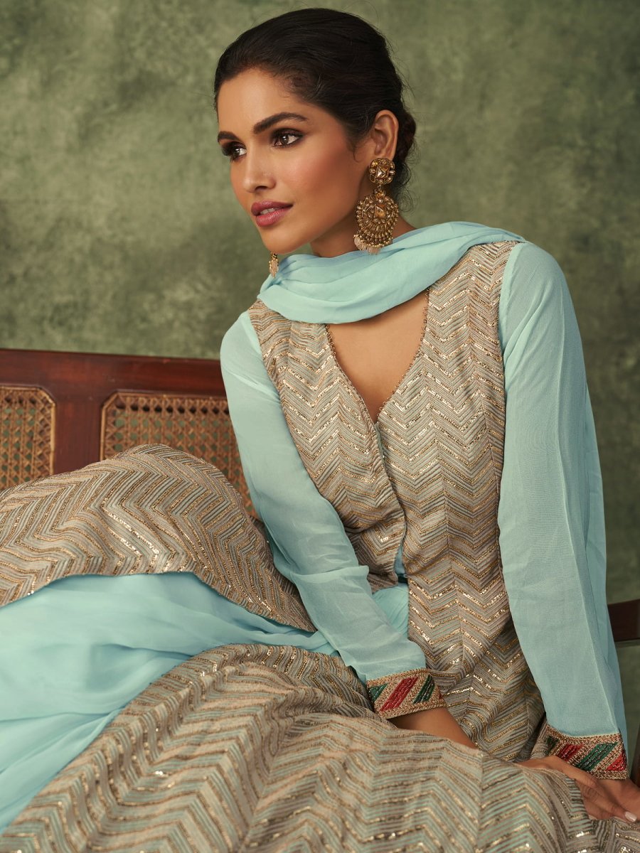 Pretty Sea Green Net Festive-Wear Embroidered Lehenga-Suit - Inddus.com