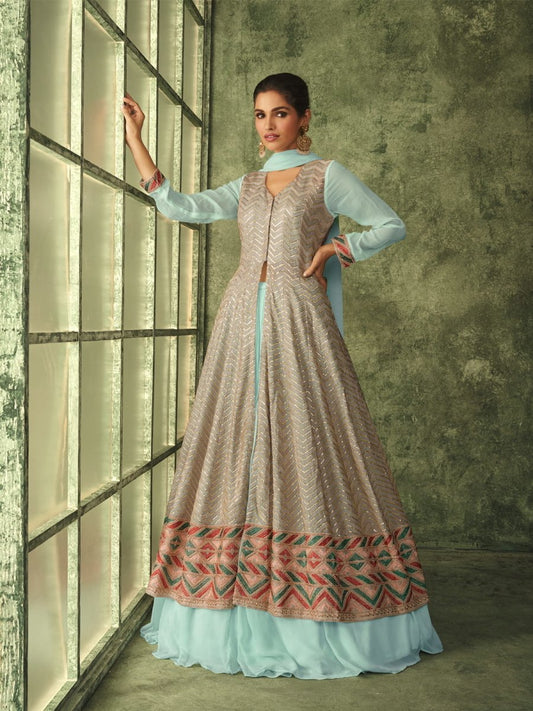 Pretty Sea Green Net Festive-Wear Embroidered Lehenga-Suit - Inddus.com